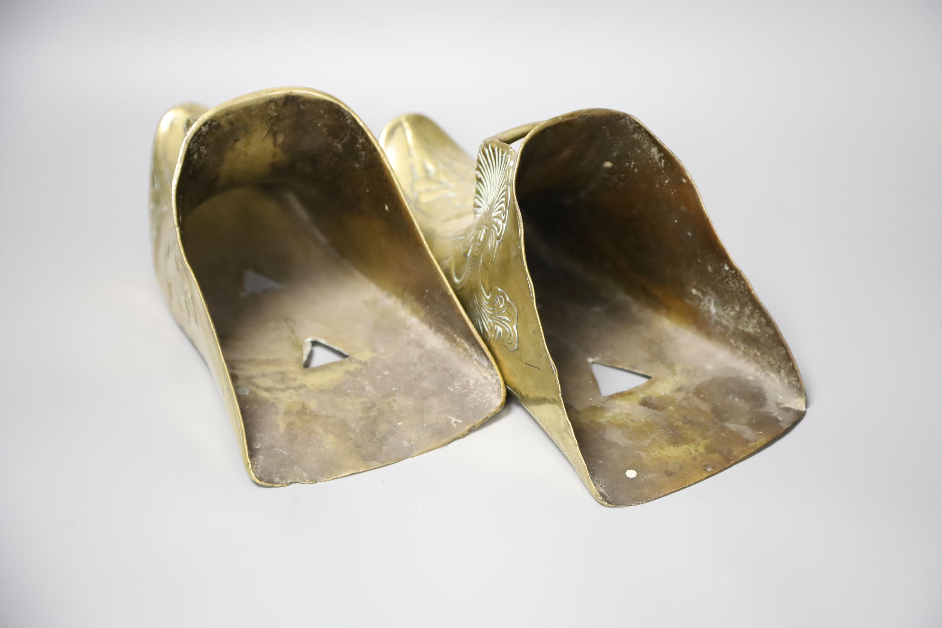 A pair of Spanish colonial brass stirrup shoes, length 26cm